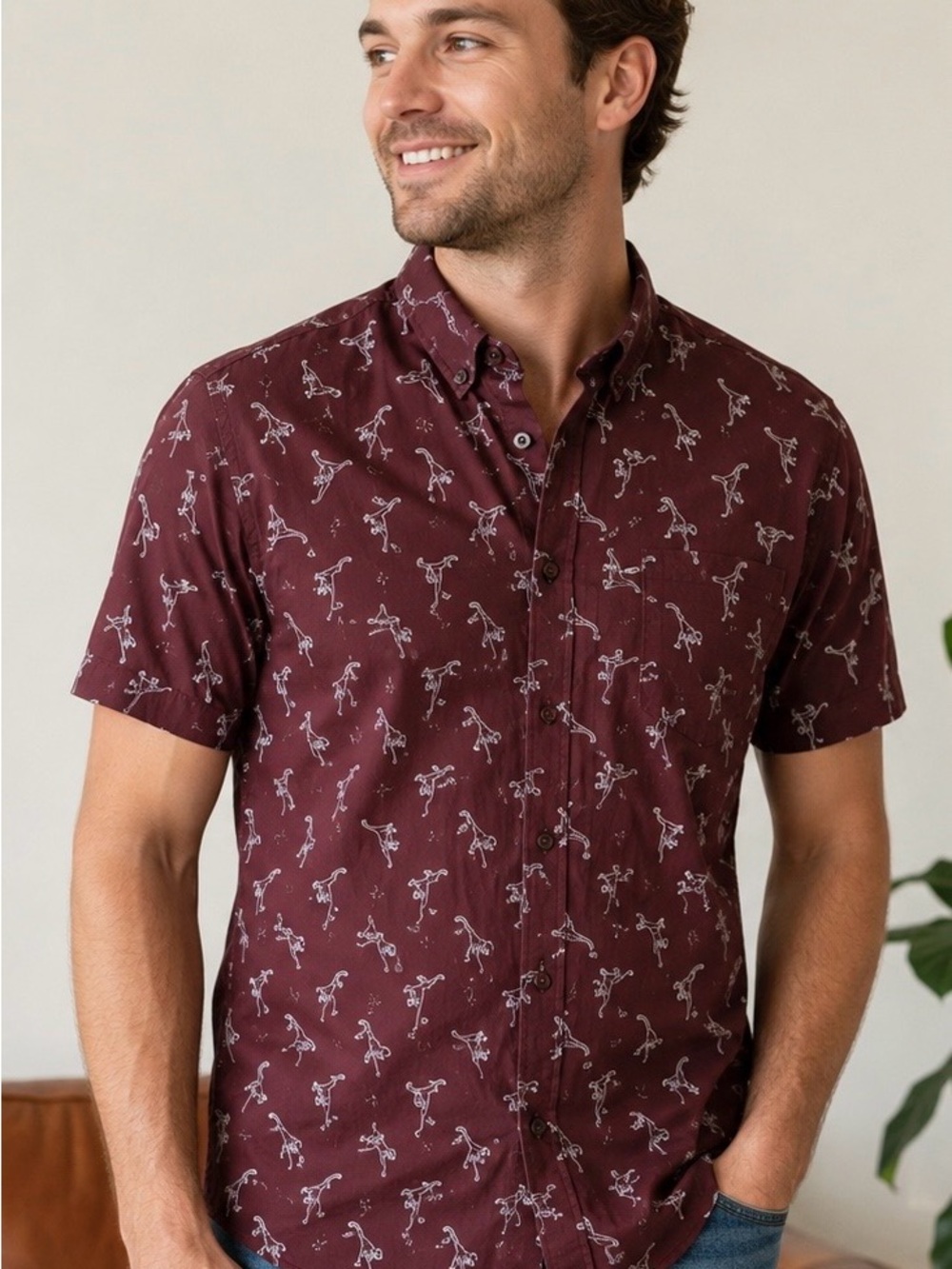Alpha Beta Burgundy Dinosaur Print Button Up Shirt Medium’s Medium EUC